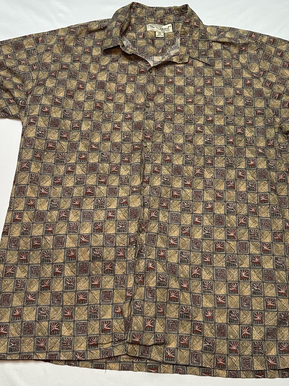 Tori Richard Vintage Men XL Cotton Lawn Hawaiian Shirt Geometric Earth Tone